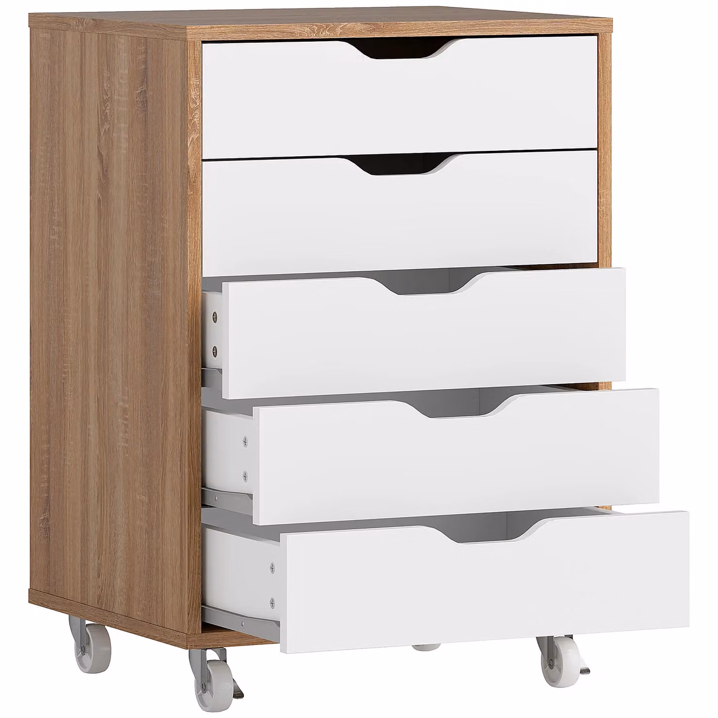 Vinsetto 5-Drawer Mobile Filing Cabinet with Castors, Oak and White – 2