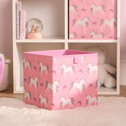 OHS Pack of 2 Foldable Fabric Storage Boxes for Children with Unicorn Print, Pink – 2