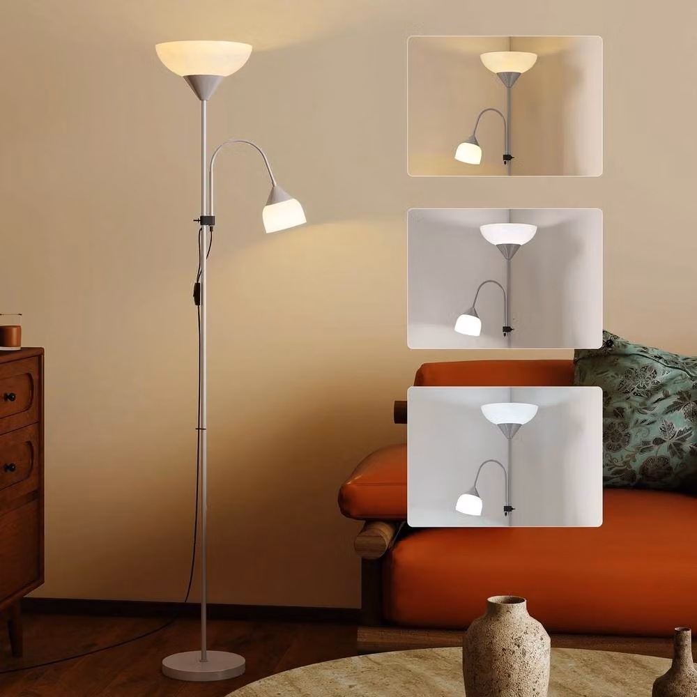 VOGREX Silver Mother Child Floor Lamp with Dual Light and 3 Colour Temperatures – 3