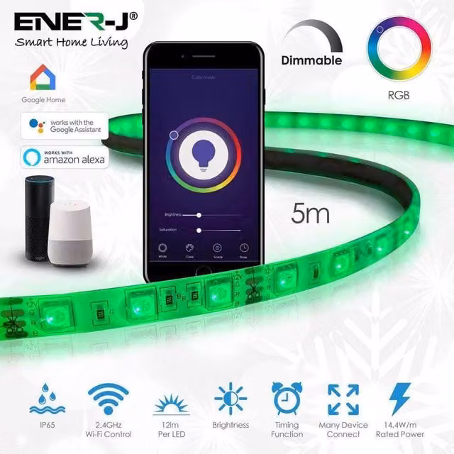 ENER-J Smart Wi-Fi RGB LED Strip Light Kit, Multicolour and White, IP65 12V, 5m – 1