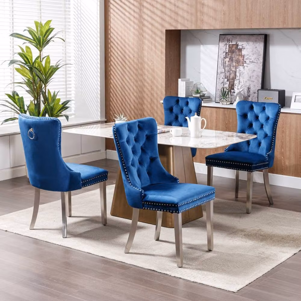 HomeTouch Winchester Set of 6 Blue Velvet Upholstered Kitchen Dining Chairs with Silver Chrome Legs – 3