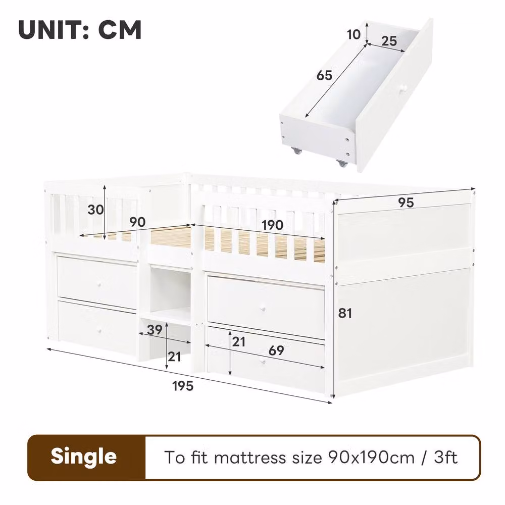 Matteo White Solid Wood Low Loft Single Bed with Storage Drawers and Stairs – 2