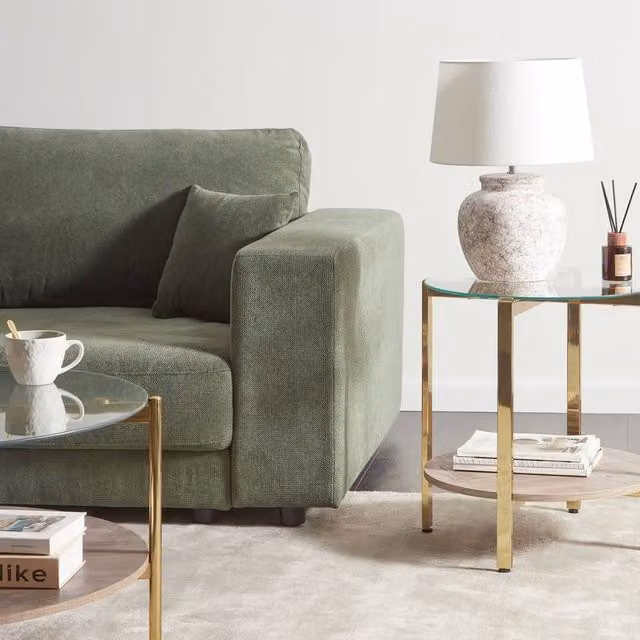 Wyld and Coco Round Gold Side Table with Tempered Glass Top and Wood Shelf, Diameter: 50 cm
