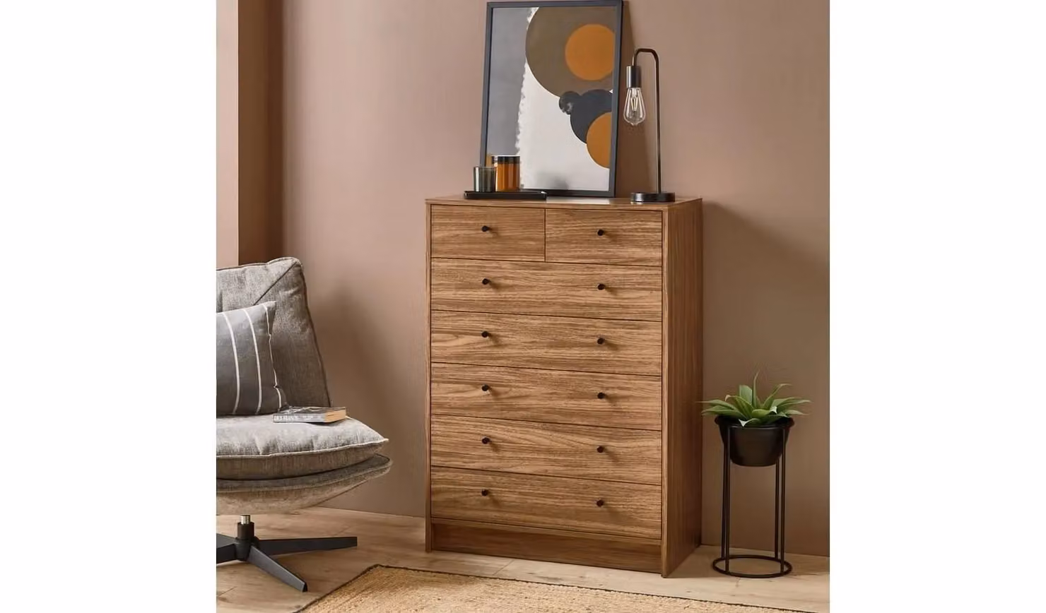 Malibu 7 Drawer Chest in Brown and Black, Modern Freestanding Organiser for Bedroom or Hallway, H 110 x W 75 x D 39.6 cm