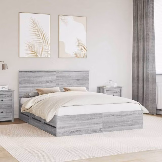 Berkfield Home Modern Bed Frame with Drawers in Grey Sonoma, Engineered Wood, W/D/H: 160 x 200 cm