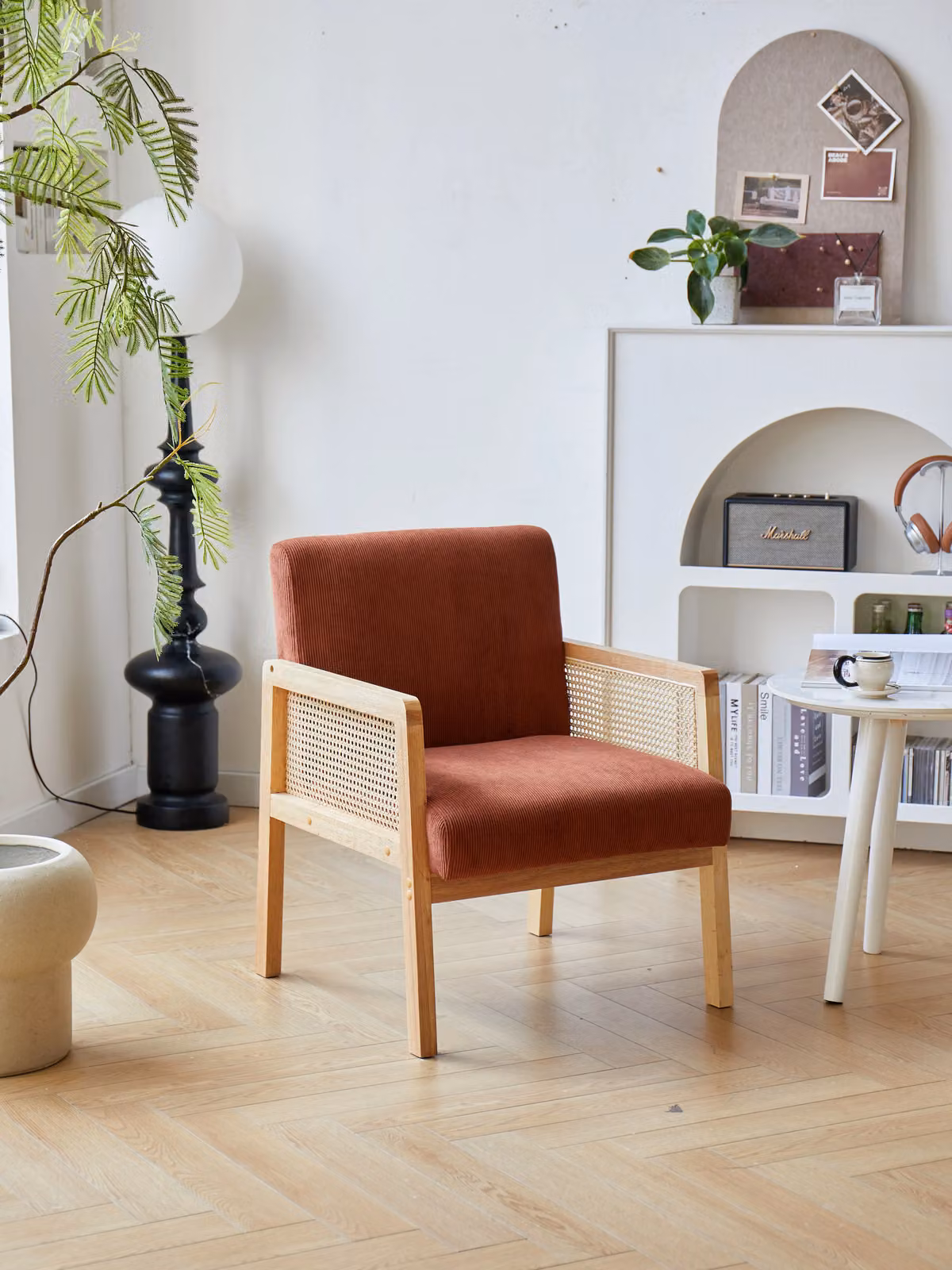 Nordlys Scandinavian Lounge Armchair with Red Fabric and Solid Wood and Rattan Frame – 2