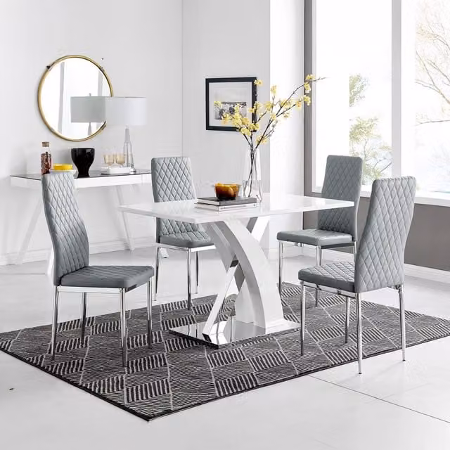 FurnitureboxUK Atlanta White High Gloss Rectangular Dining Table with X-Shaped Legs and 4 Grey Milan Faux Leather Dining Chairs Set