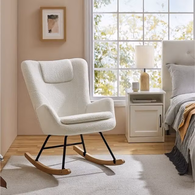 Yaheetech Bouclé Upholstered Armchair Rocking Chair with Beech Wood Legs in White