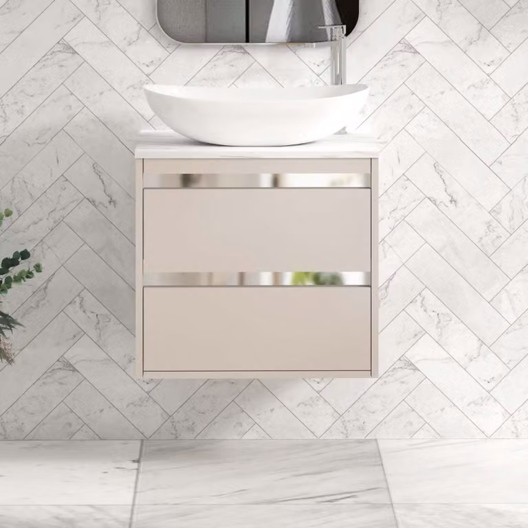 Royal Bathrooms Orion 800mm Warm Taupe Wall Hung 2 Drawer Vanity Unit with Cesar Basin and Chrome Accent Trim