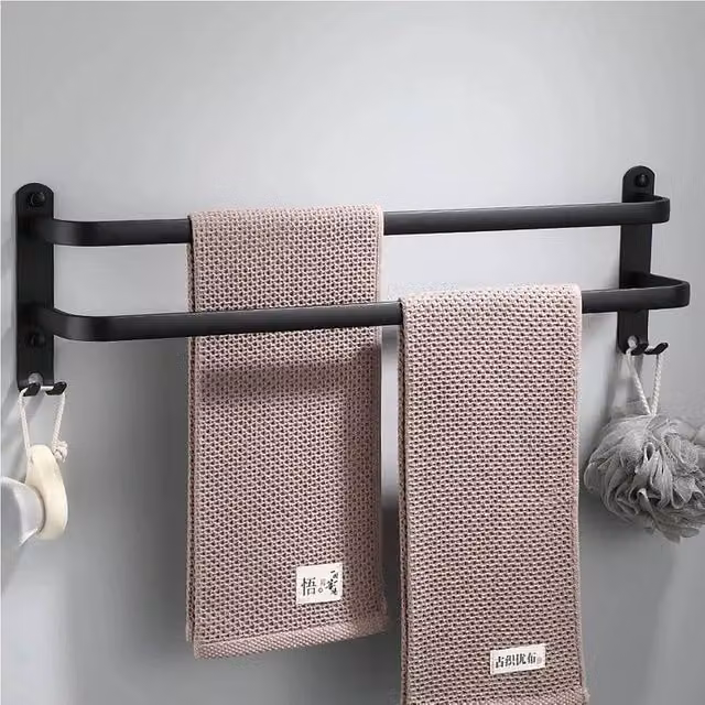 EONLION Double Towel Rail Rack Holder, Wall Mounted, Black Metal – 1
