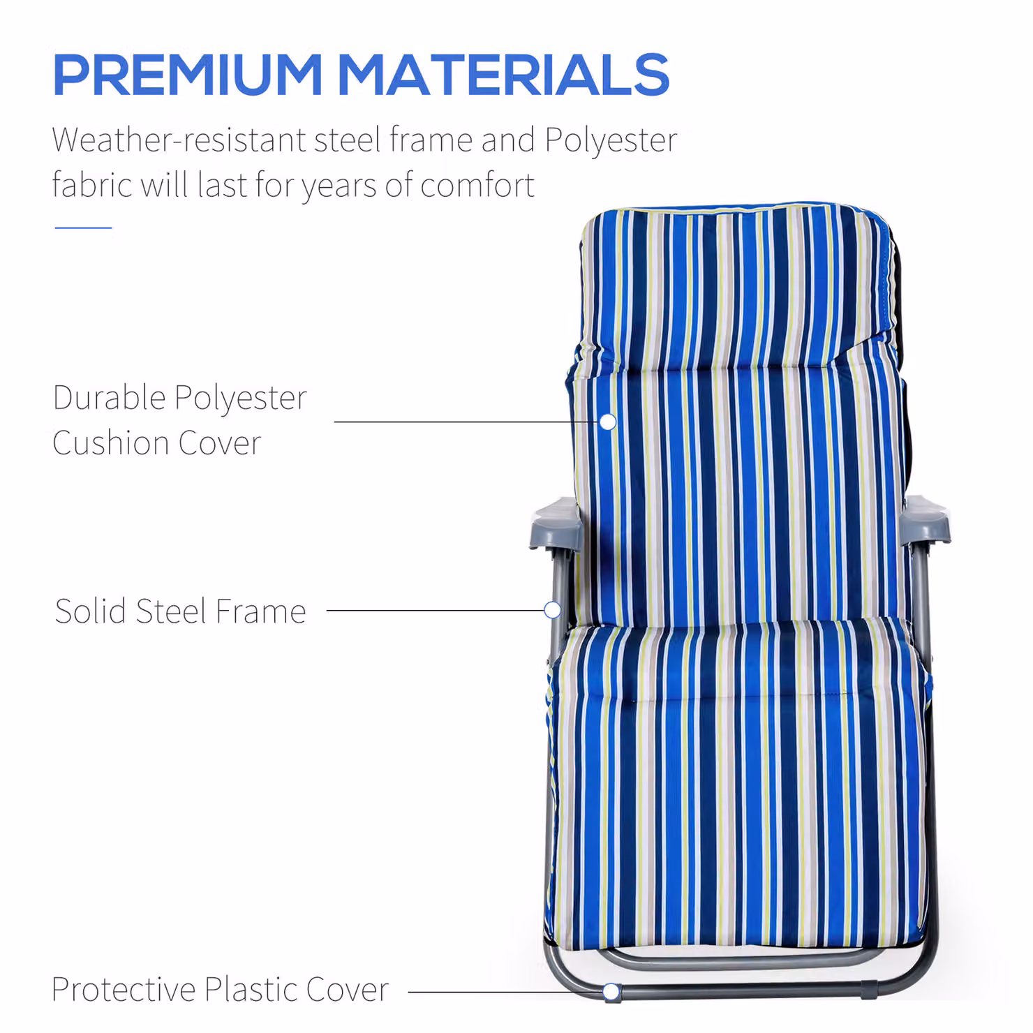 Outsunny Set of 2 Blue and White Striped Garden Sun Loungers with Weatherproof Cushions and Adjustable Recliners – 6