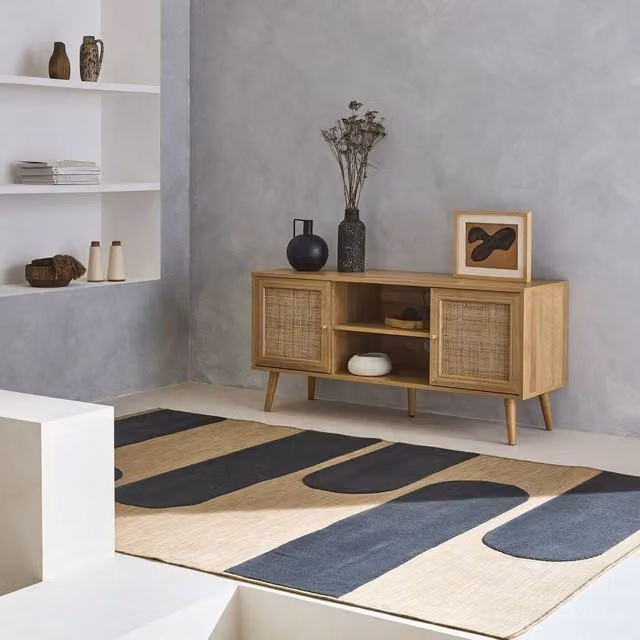 Sweek Boho Style Wooden and Cane Effect TV Unit with 2 Doors in Light Brown, Width: 120 cm