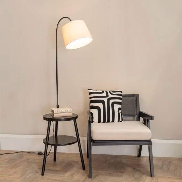 ValueLights Crowther Black Wooden Tripod Floor Lamp with Shelved Side Table and Fabric Shade including Bulb
