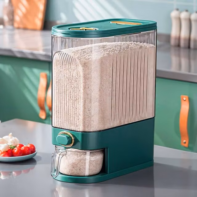 Livingandhome Airtight and Leakproof Rice Dispenser with Measuring Cup, Green and Grey, Height: 39.5 cm