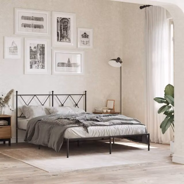 Berkfield Home Metal Bed Frame with Headboard, Black, W: 135 cm, L: 190 cm