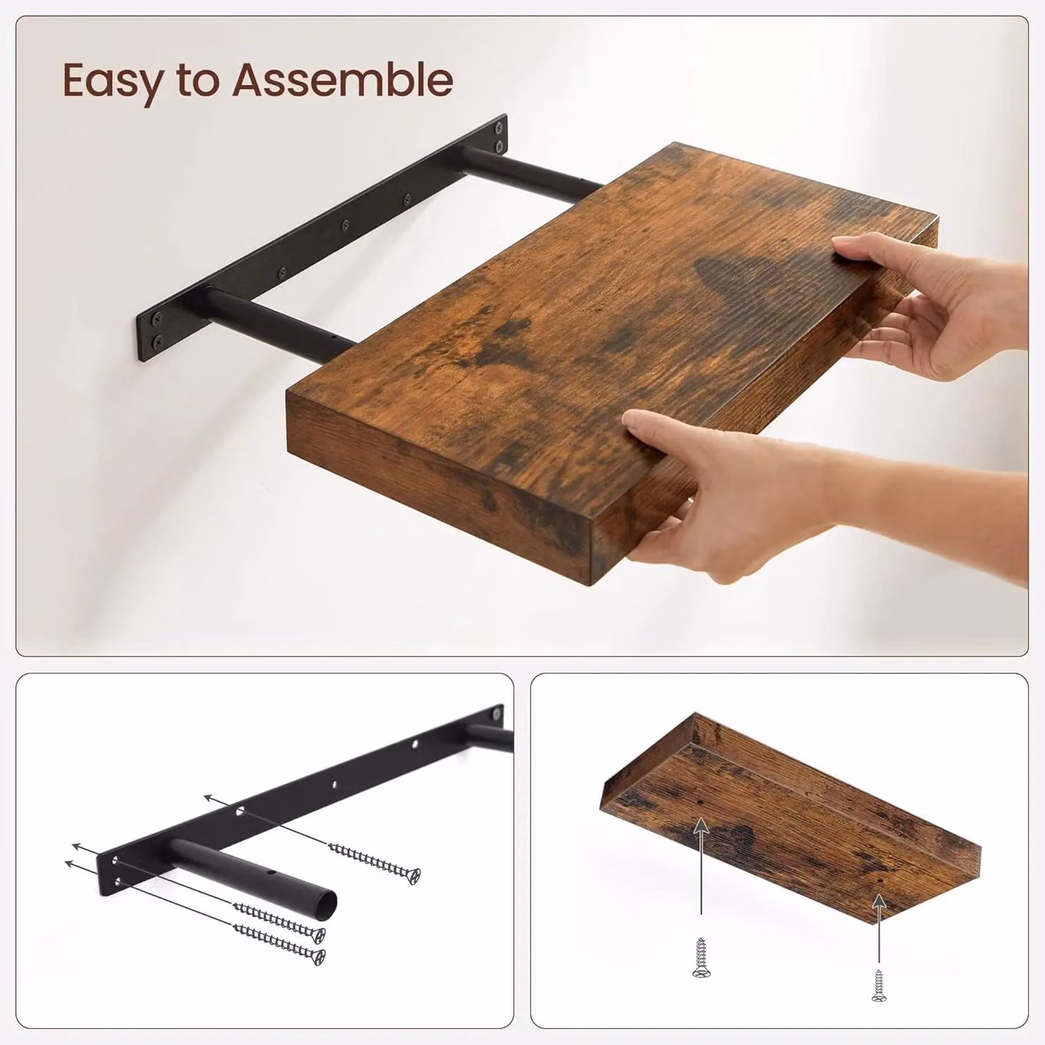 VASAGLE Brown Rustic Floating Wall Mounted Shelf for Living Room, Kitchen or Home Office – 4