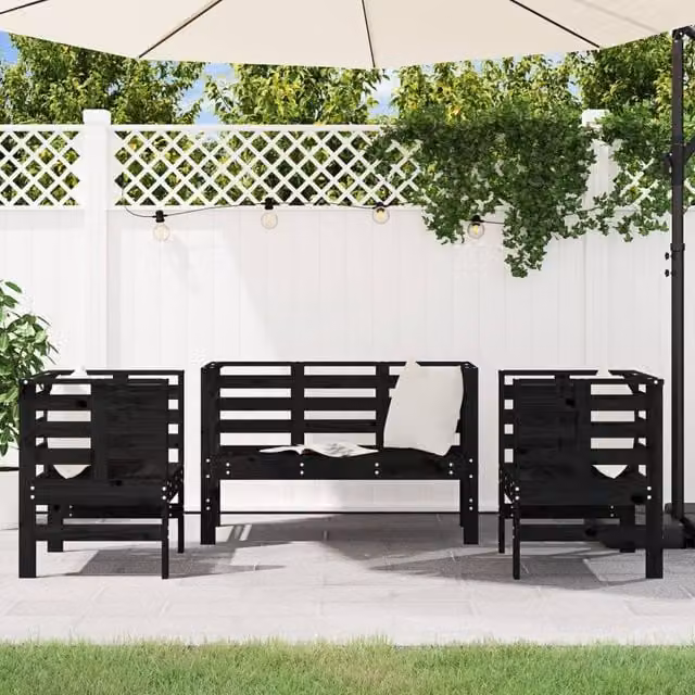 Berkfield Home Beautiful 3 Piece Black Solid Pine Wood Garden Lounge Set with Cushions