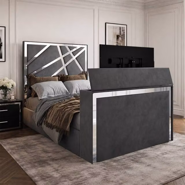 KDMD Ashwell Upholstered Soft Velvet TV Bed Frame in Grey, W/D/H: 120 x 200 x 152 cm