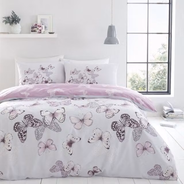 Catherine Lansfield Reversible Butterfly Floral Cotton Duvet Cover Bedding Set in Heather Grey, Pink and Purple