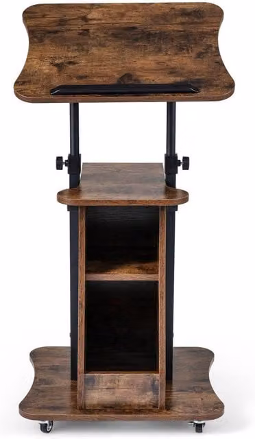 Gymax Height Adjustable Rolling Podium Stand with Tilting Top in Rustic Brown