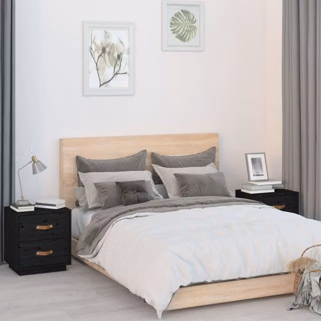 Berkfield Home Set of 2 Black Solid Wood Pine Bedside Cabinets, W/D/H: 40 x 34 x 45 cm – 1
