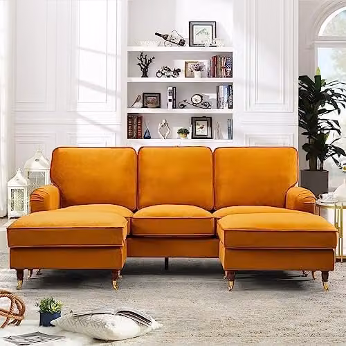 Artemis Home Woodbury U-Shaped Corner Sofa in Orange Velvet Fabric, Width: 218 cm