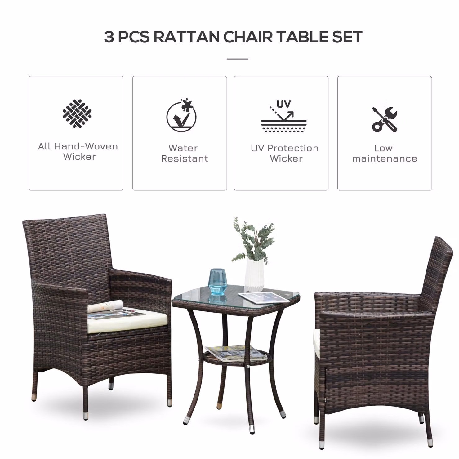 Outsunny 3 Piece Rattan Bistro Set with Glass Top Table and 2 Chairs in Brown – 4