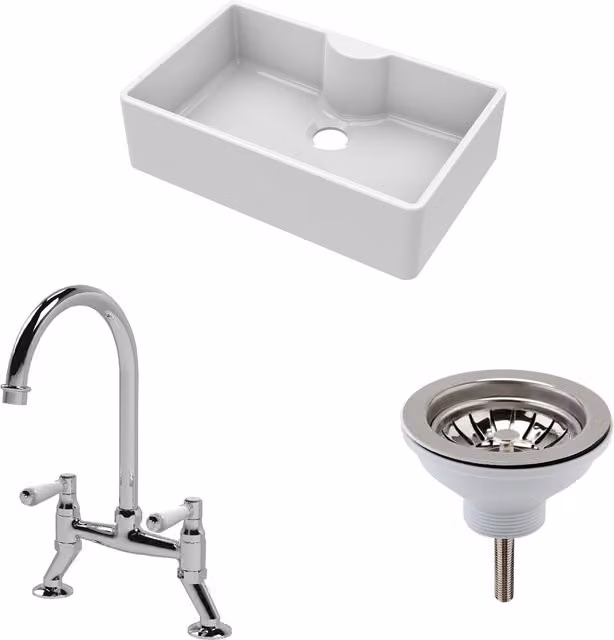 Balterley White Ceramic 1 Bowl Butler Sink with Tap Ledge, Waste and Mixer Tap, W: 795 mm