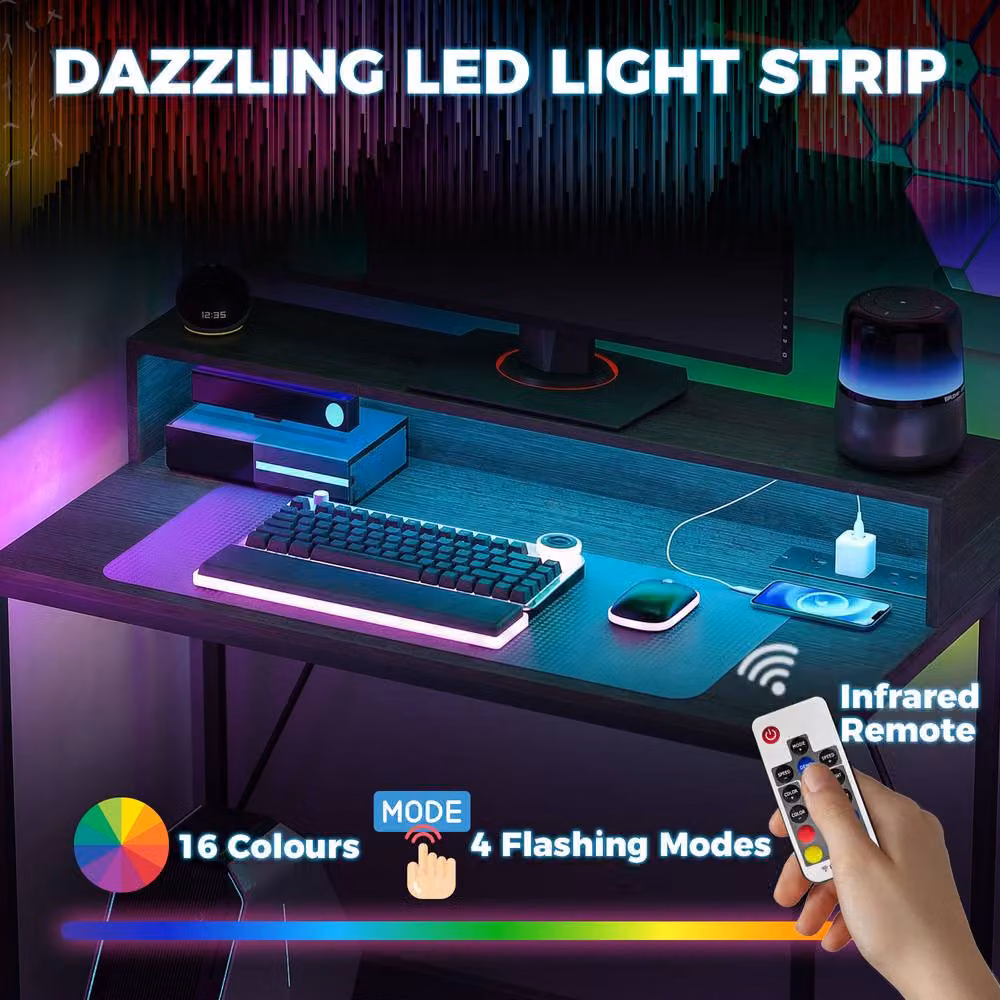Rolipo Brown Gaming Desk with LED Lights, Power Outlets and Monitor Stand, Width: 100 cm – 5