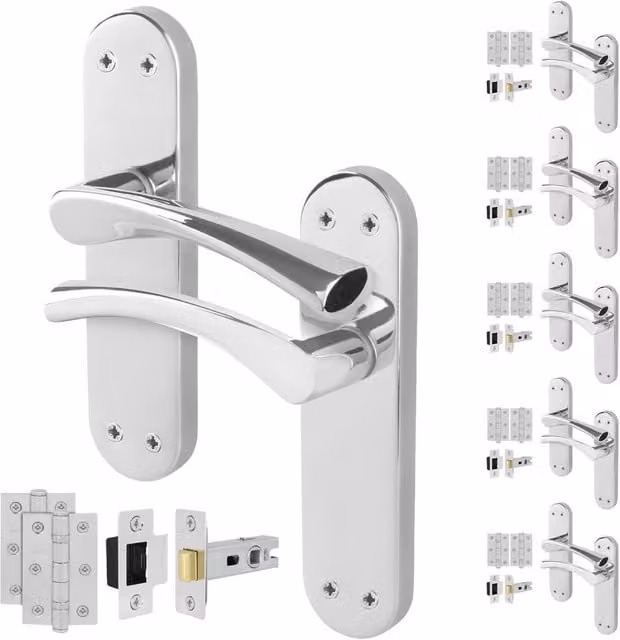 AFIT Chrome Twist Handle Latch Hinges Set with Novi Backplate, Metallic Silver, 6 Pairs, 150 x 150 mm – 1