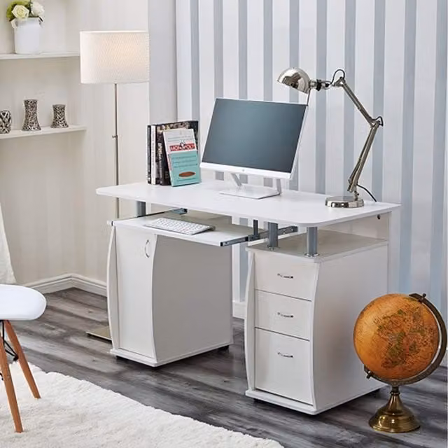 RayGar Wicklow Computer Desk with Cabinet and 3 Drawers in White