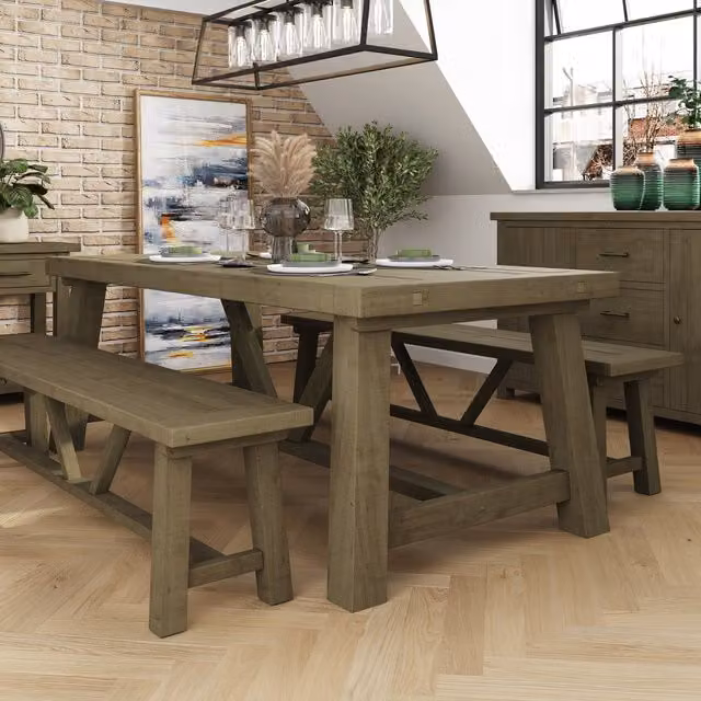 FWStyle Rustic Reclaimed Natural Pine Extendable Trestle Dining Table and Benches Set in Brown