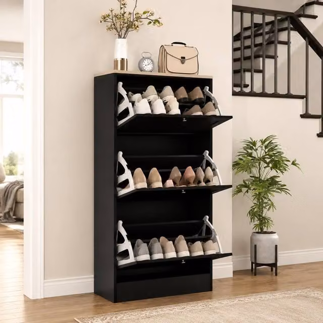 STILVORA Modern Black Shoe Cabinet with Three Tilting Compartments