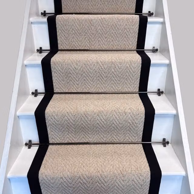 RainbowHome Keswick Herringbone Cream Fleck Stair Runner with 100% Cotton Black Border in Beige, W: 50 cm, L: 700 cm
