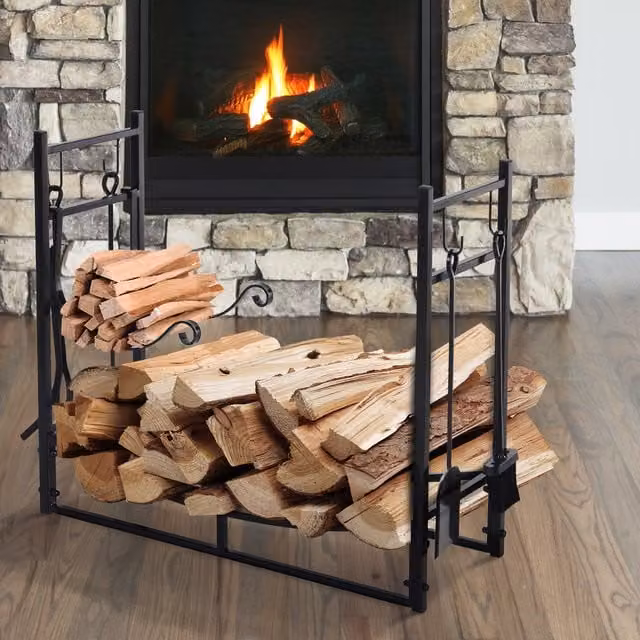 Outsunny Black Metal Freestanding Firewood Stand and 4 Piece Fireplace Tools Set