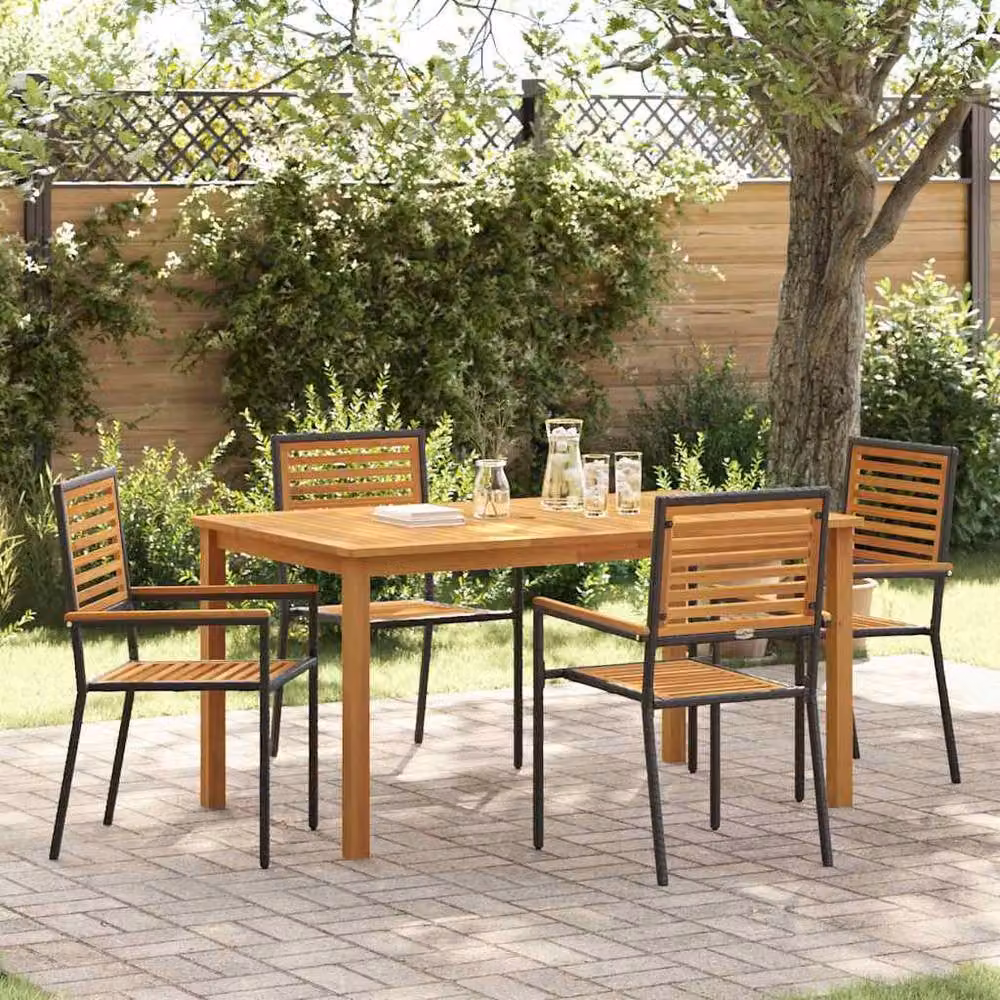 Berkfield Home 5 Piece Black Poly Rattan and Acacia Wood Garden Dining Set – 2