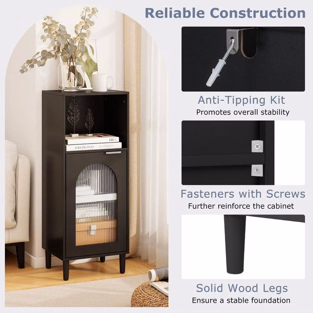 KORVIXA Black Lacquered Wood Freestanding Side Storage Cabinet with Glass Doors and Internal Shelves, W: 90 cm, H: 65 cm – 5