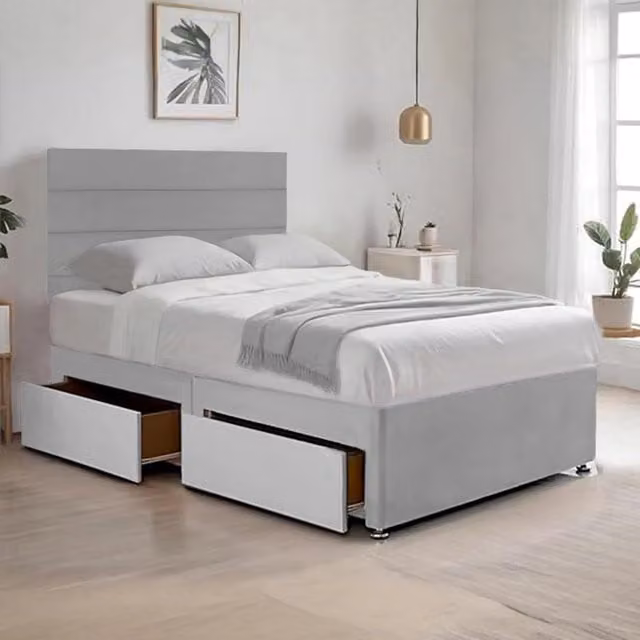 Bed Time UK Cosy Plush King Size Divan Bed with Hybrid Mattress, Drawers and 20 inch Headboard in Silver Grey Velvet Fabric, W/D/H: 180 x 200 cm