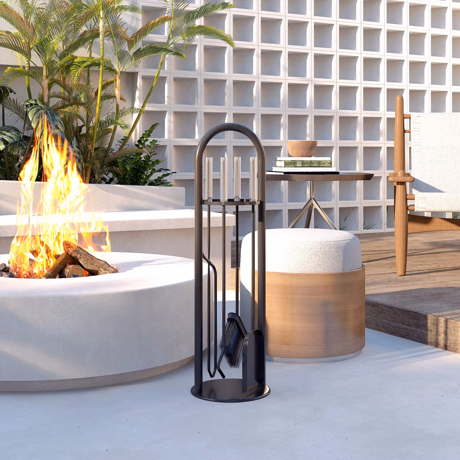 Outsunny 5 Piece Black Metal Fireplace Companion Set with Broom, Shovel, Poker, Tongs and Stand – 9