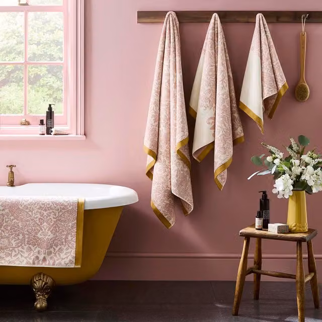 William Morris At Home Strawberry Thief Floral Cotton Towel in Plaster Pink