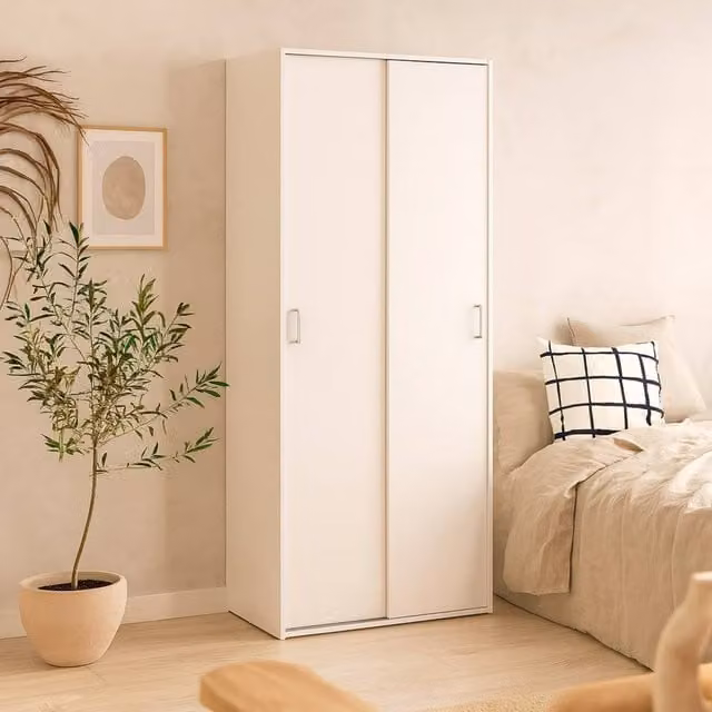 Wyld Haus Munich White Sliding Door Wardrobe with Internal Shelves and Hanging Rod, W/D/H: 175.4 x 48.2 x 41.2 cm – 1