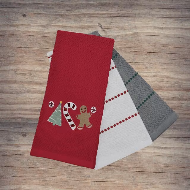 Noel Square Sweet Shop Highly Absorbent Cotton Tea Towels, 3 Pack, Red and Multicolour