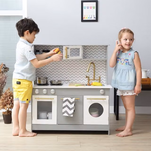 Teamson Kids Dollhouse Kitchen Cooking Set in Grey, White and Gold