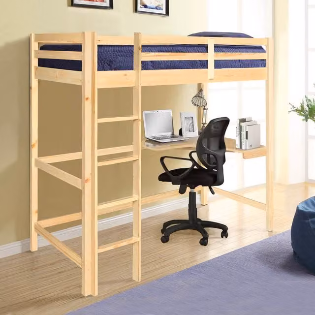 Comfy Living Natural Pine High Sleeper Bed with Corner Desk for Children, 90 x 190 cm