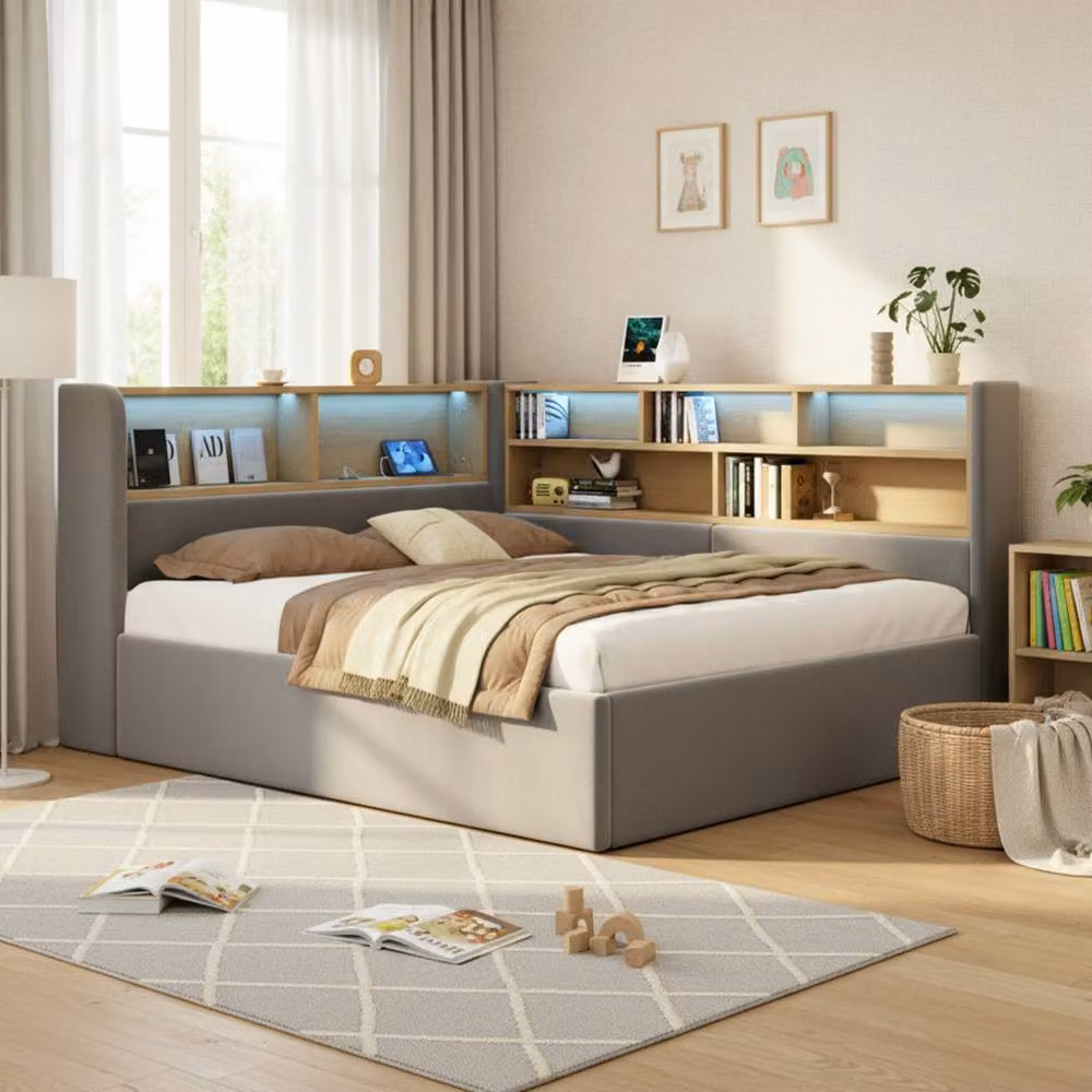 Rolipo Grey Velvet Double Bed with Hydraulic Storage, LED Lighting and USB Charging Port, W/D/H: 140 x 200 cm – 3
