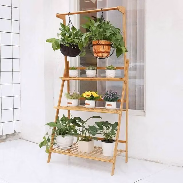 Kelvenix 3-Tier Bamboo Hanging Plant Stand in Natural Brown – 1