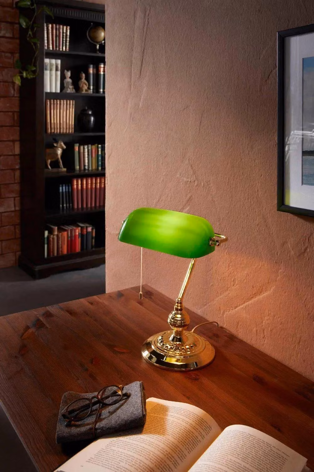 Eglo Banker Adjustable Table Lamp with Green Glass Dome and Gold Metal Base – 2