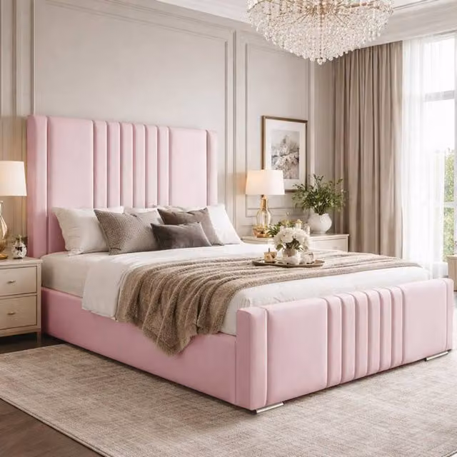 Desire Deco Haisley Upholstered Plush Velvet Panel Bed Frame in Pink, Super King (200 x 200 cm)
