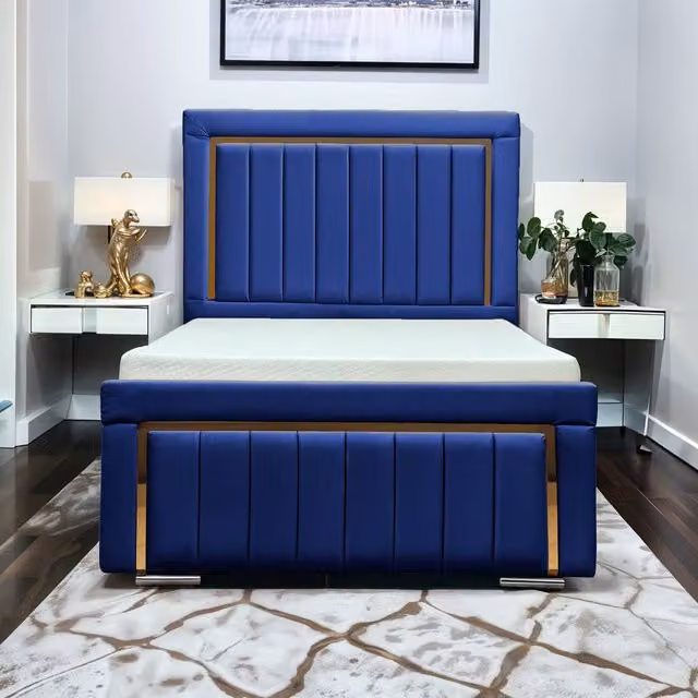 UK Bed Furniture Princess Blue Velvet Upholstered Gas Lift Ottoman Bed with 48 Inch Headboard, Size: Super King, W/D/H: 200 x 200 cm – 1