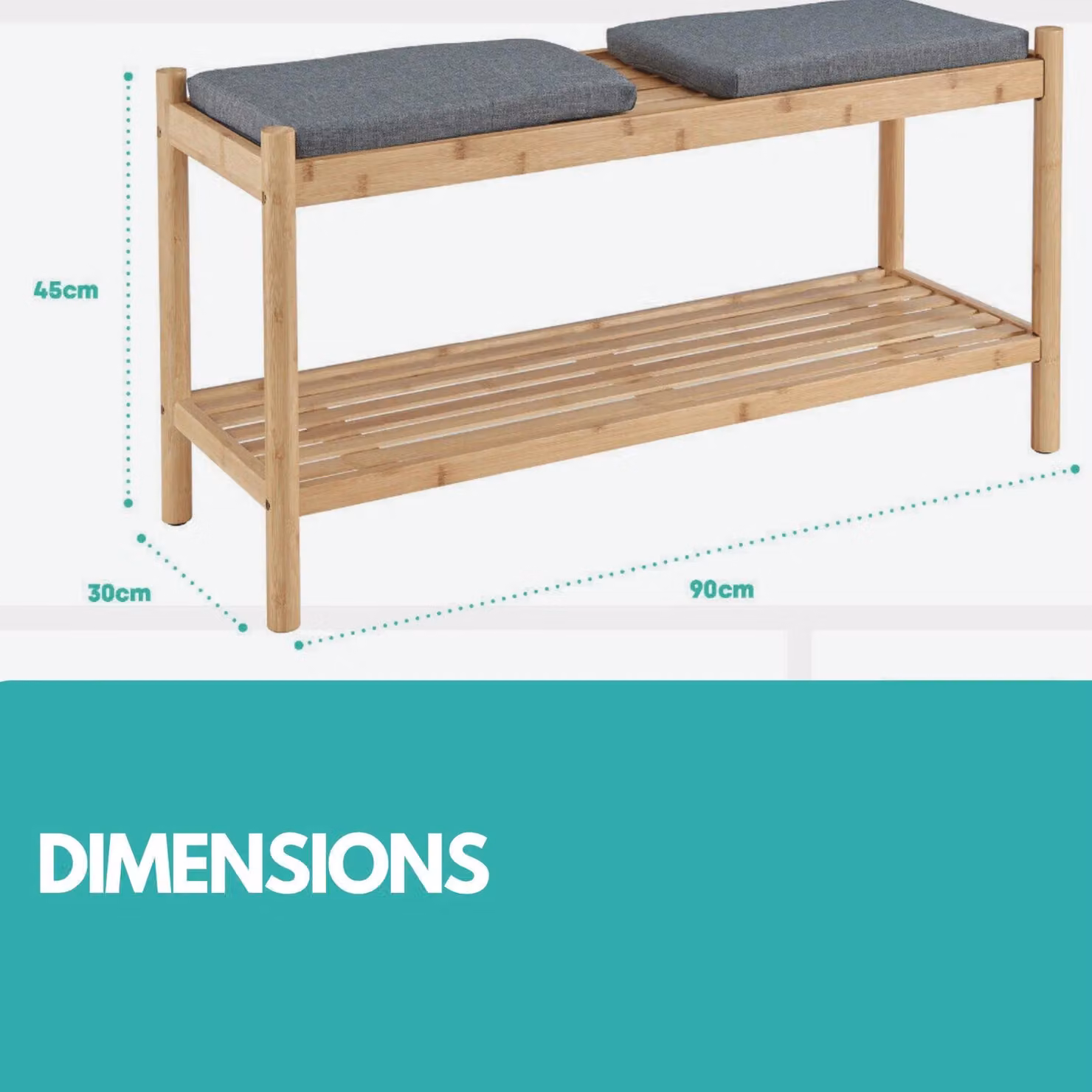 Rafaelo Mobilia Bamboo Shoe Storage Bench with 2 Fabric Cushioned Seats in Natural and Beige, W/D/H: 90 x 30 x 45 cm – 3